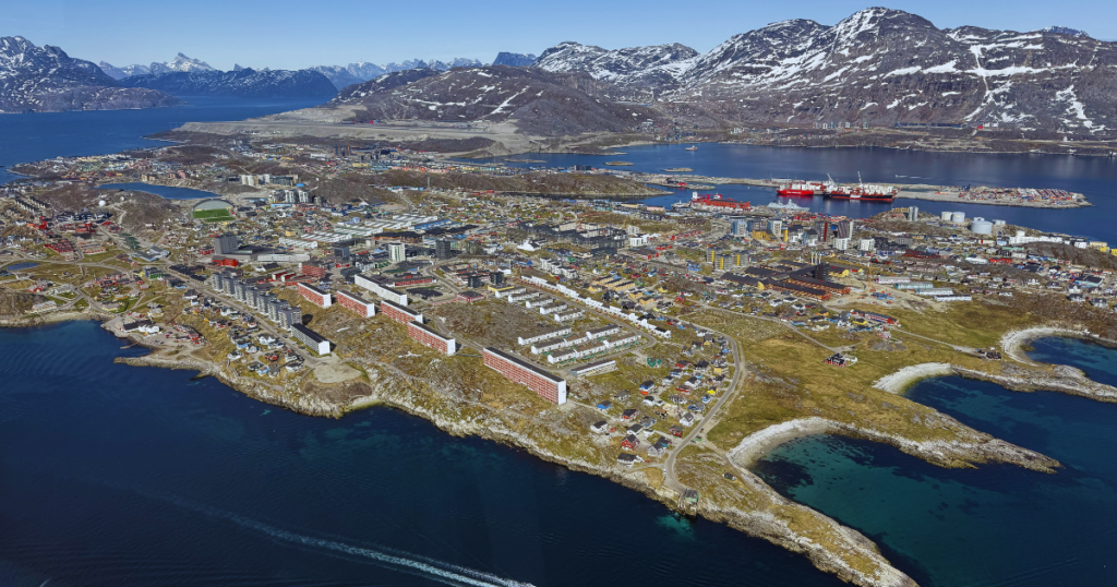 Aerial view of Greenland’s icy landscape highlighting its strategic Arctic location
